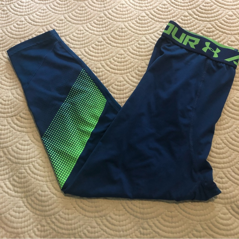 Under Armour Blue Fitted Base Layer Spellout Waistband Pants Boys, size XL